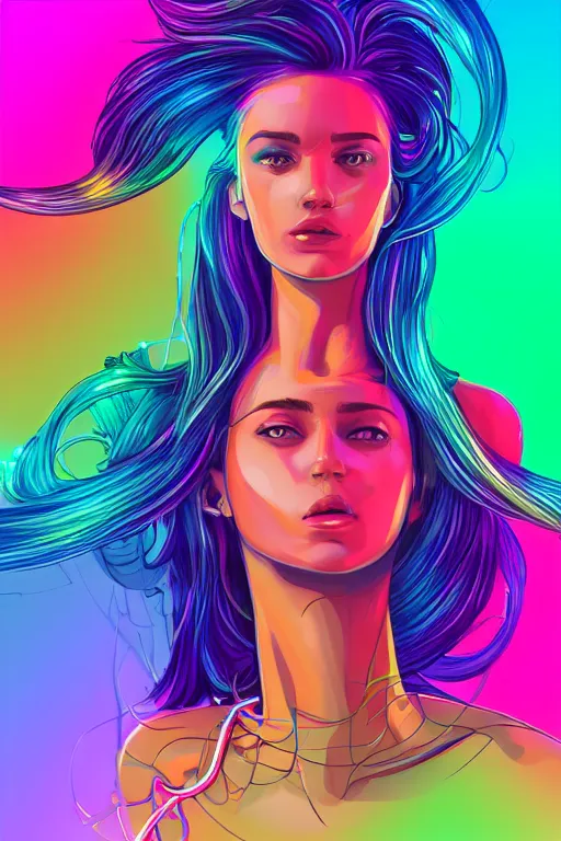 Prompt: a award winning half body portrait of a beautiful woman with stunning eyes in a croptop and cargo pants with rainbow colored ombre hairstyle head in motion and hair flying by thomas danthony, surrounded by whirling illuminated neon lines, outrun, vaporware, shaded flat illustration, digital art, trending on artstation, highly detailed, fine detail, intricate