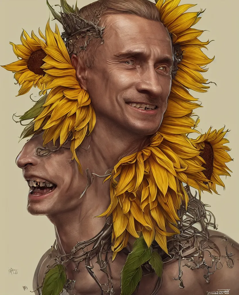 Image similar to digital art, centered full body of young any old Putin smiling king, Sunflower crown, ,intricate, veins, by James Jean and by artgerm , by ross tran ultradetailed, charachter design, concept art, trending on artstation,