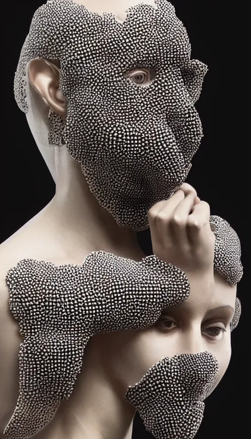 Prompt: a woman with a plastic mask on her face, a surrealist sculpture by alexander mcqueen, trending on pinterest, plasticien, trypophobia, biomorphic, made of plastic