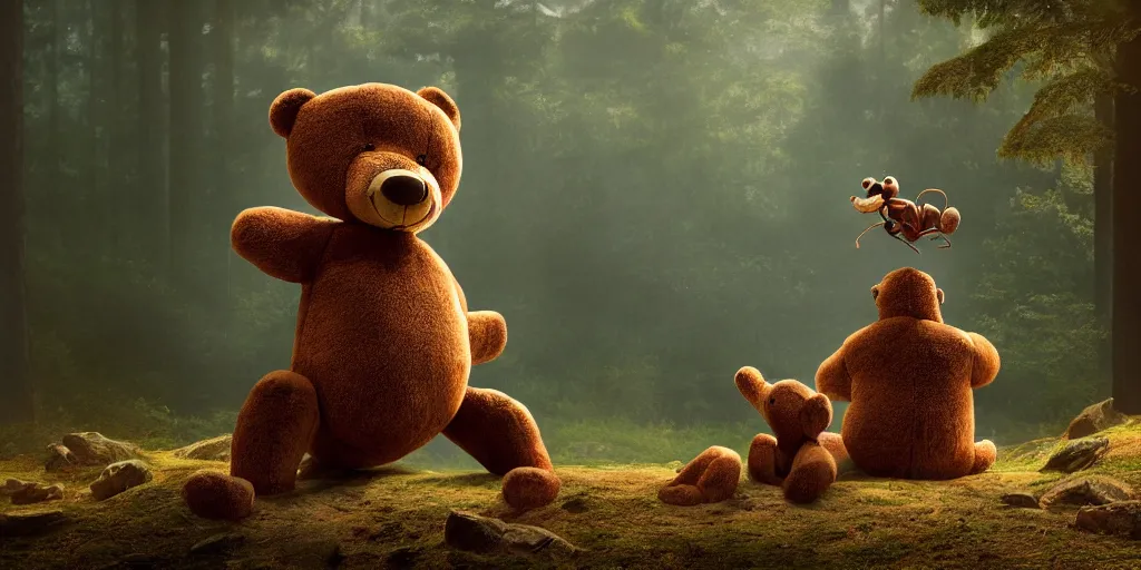 Prompt: a giant ant is riding a giant teddy bear in a forest, moody, cinematic light, fantasy art, highly detailed, 8k