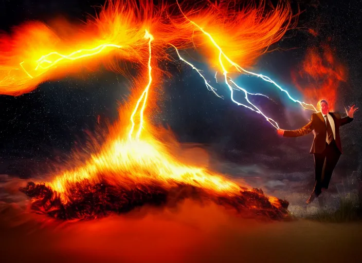 Image similar to burning donald trump on fire casting fireballs, colorful hd picure, lightning in the background