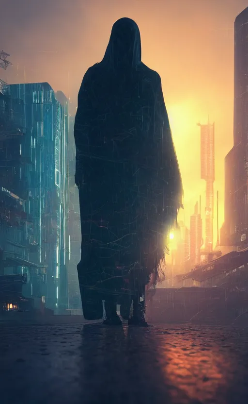 Image similar to a singular cloaked figure standing in the foreground of a cyberpunk landscape, synth, puddles, sunrise