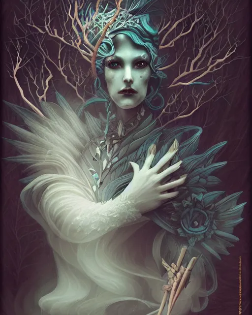 Prompt: fantasy portrait of a woman made of obsidian and smoke, carved Japanese Sakura wood organic overgrowth, holding nevermore staff, peter mohrbacher, artgerm, James Jean