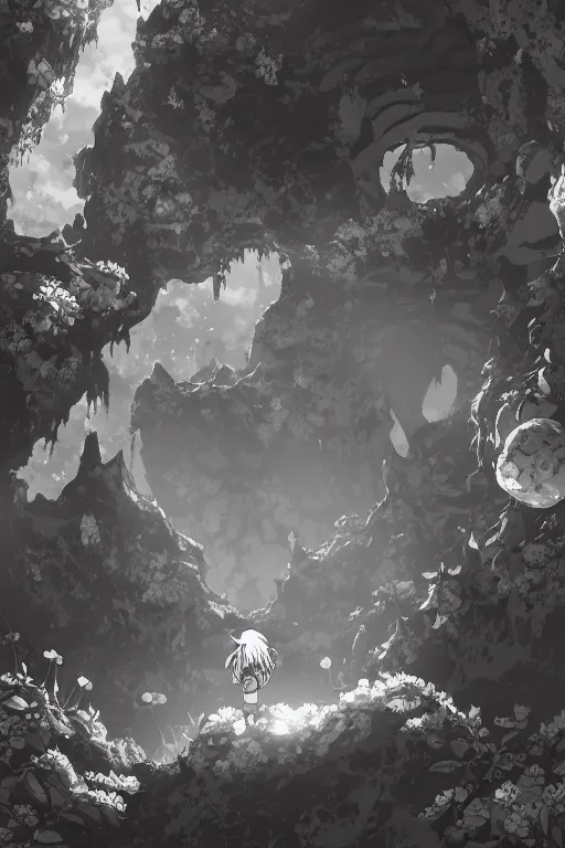 Image similar to overgrown cave, deep abyss cave manga background black and white, in style of made in abyss, no humans,