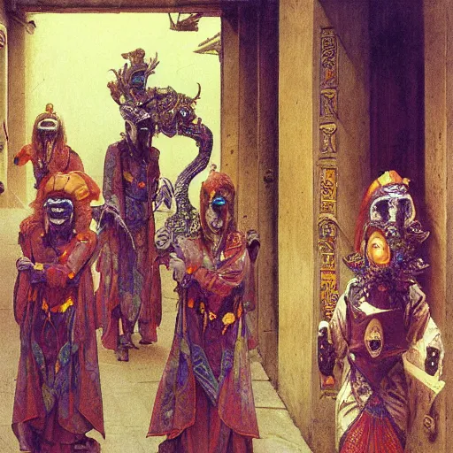 Prompt: study of masked Byzantine Tang Dynasty dancers on the art deco streets of the Undying Empire city of ya-Sattra during the Festival of Masks, award-winning realistic sci-fi concept art by Beksinski, Bruegel, Greg Rutkowski, Alphonse Mucha, and Yoshitaka Amano