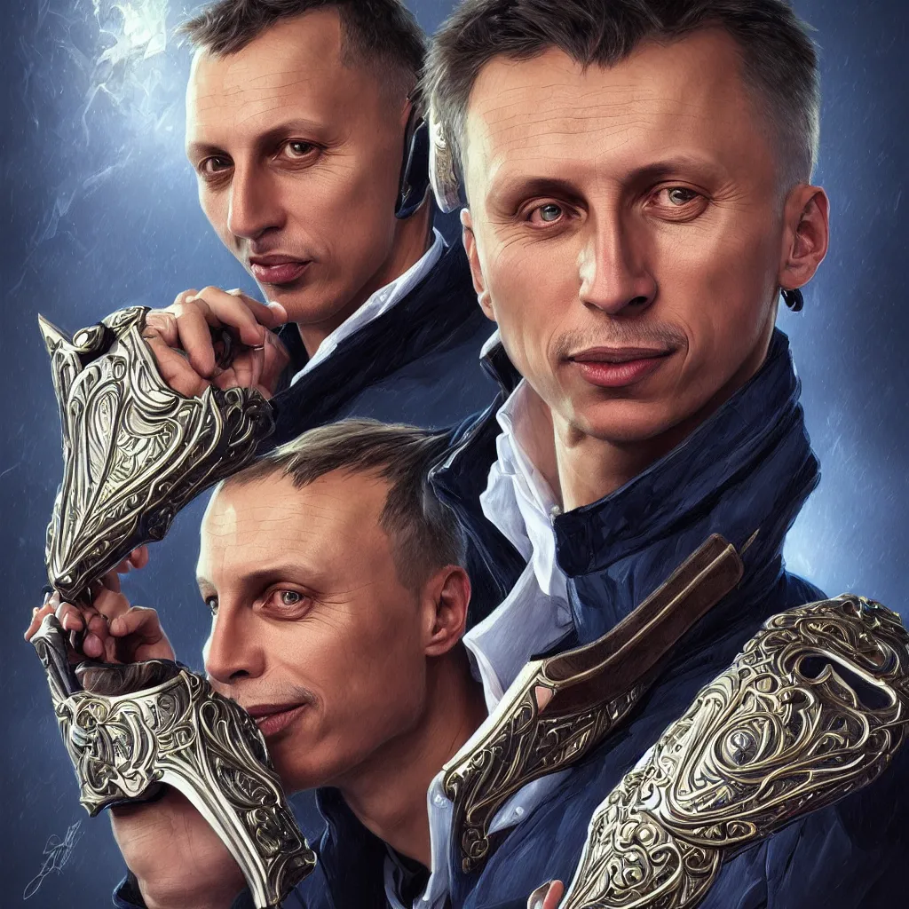 Image similar to portrait of hockey coach Igor Larionov, fantasy, intricate, elegant, highly detailed, digital painting, artstation, concept art, blue backlight, smooth, sharp focus, luxury fashion illustration, art by artgerm and greg rutkowski and alphonse mucha, brightly lit cinematic soft lighting, photorealistic