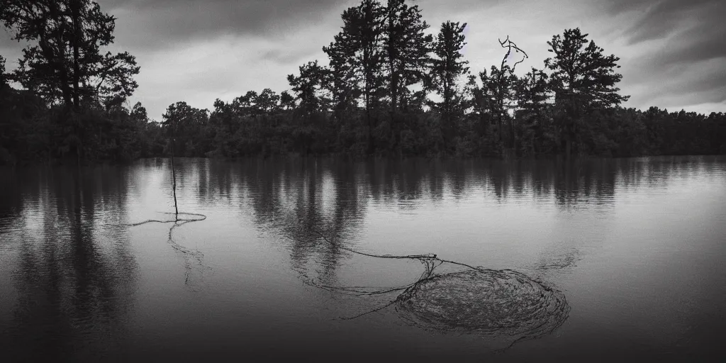 Prompt: centered photograph of a long rope snaking across the surface of the water, floating submerged rope stretching out towards the center of the lake, a dark lake on a cloudy day, mood, trees in the background, hyperedetailed photo, anamorphic lens