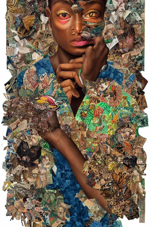 Image similar to A detailed maximalist collage of a portrait with large eyes, exasperated expression with an existential dread of love, mixed media torn paper collage, highly detailed and intricate illustration, high fashion, in the style of Kehinde Wiley