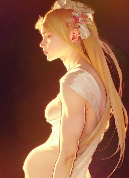 Image similar to digital character concept art by artgerm and greg rutkowski and alphonse mucha. clear portrait of a modern young wife blessed by god to unstoppably grow more perfect and fertile!! blonde, in clothes! feminine well - formed holy body!! light effect. hyper detailed, glowing lights!! intricate, elegant, digital painting, artstation, smooth, sharp focus