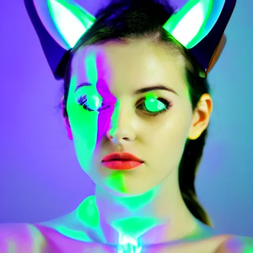 Image similar to cute young woman with robot ears and eyes, 4k, sharp focus, neon colored fluorescent lighting, René Laloux