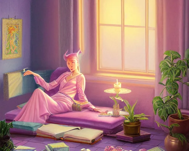 Image similar to a pastel painting of a woman wizard lounging on a purpur pillow on the marbled checkered floor in her study room reading an ancient tome. to the side is a potted plant, candlelit raytracing. ancient oriental retrofuturistic fantasy setting. 4 k key art. by yoshitaka amano and mark tedin