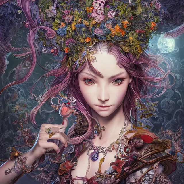 Image similar to the portrait of chaotic good female druid alchemist as absurdly beautiful, gorgeous, elegant, young gravure idol, an ultrafine hyperdetailed illustration by kim jung gi, irakli nadar, intricate linework, sharp focus, bright colors, octopath traveler, final fantasy, unreal engine 5 highly rendered, global illumination, radiant light, detailed and intricate environment
