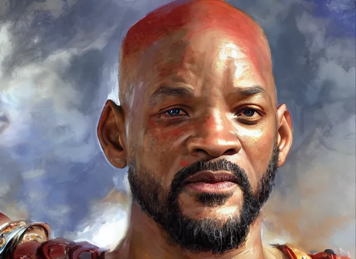 Image similar to a highly detailed beautiful portrait of will smith as kratos, by gregory manchess, james gurney, james jean