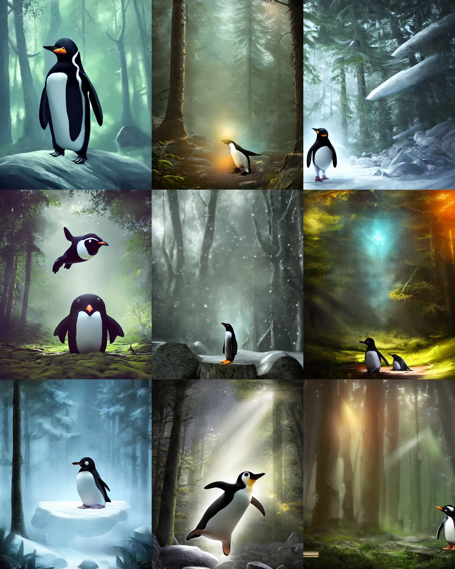 Prompt: magical penguin in the forest , realistic cinematic, volumetric lighting, centered, symmetrical, sharp focus, digital painting, mystical art, smooth, trending on Artstation, 4k