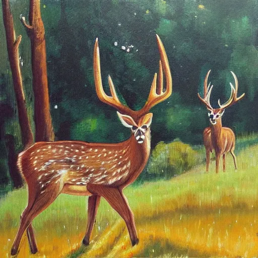 Image similar to “deer by a house oil panting”