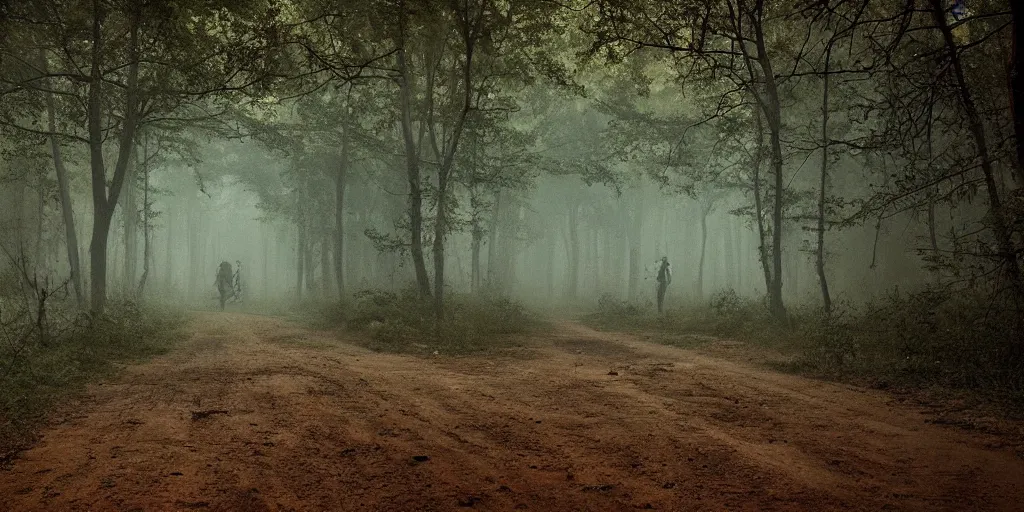 Prompt: a dirt road in a forrest a night with zombies walking toward the viewer, hyper detailed, horror movie, volumetric, cinematic