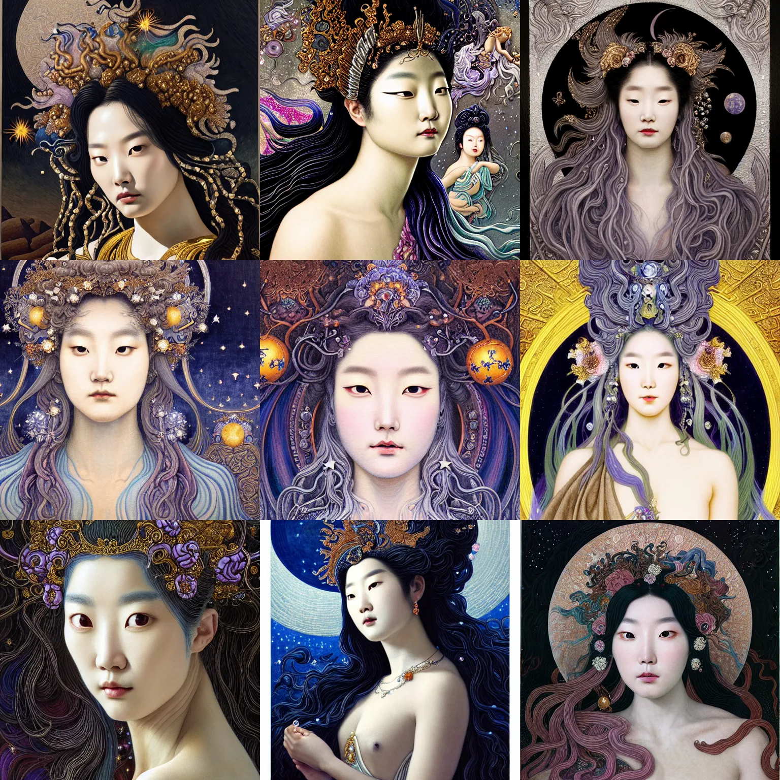 Prompt: baroque neoclassicist closeup portrait of lee jin - eun as a beautiful moon goddess with stars in her flowing hair, reflective detailed textures, glittering multiversal ornaments, dark fantasy science fiction painting by diego rivera and jean delville and ruan jia and nicholas roerich and annie swynnerton, dramatic lighting, gleaming silver and soft rich colors, floral tattoos