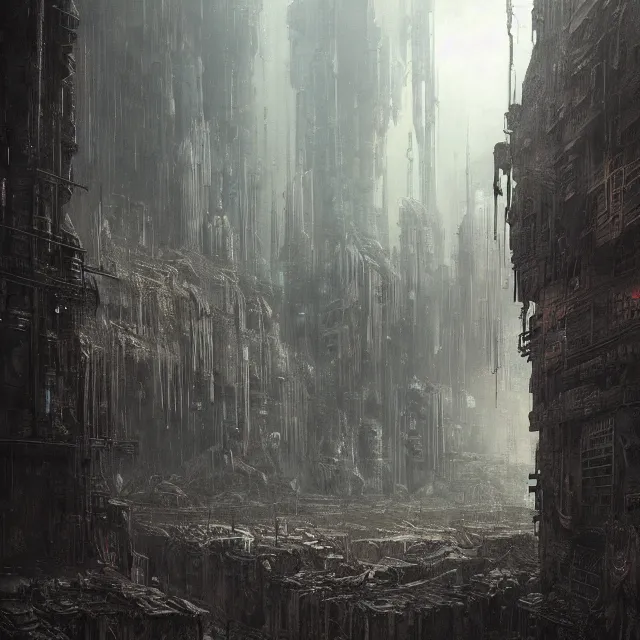 Prompt: dystopian cyberpunk ruins, gustave dore greg rutkowski, detailed, mist