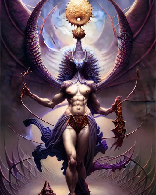 Prompt: strength the tarot card, fantasy character portrait made of fractals, ultra realistic, wide angle, intricate details, the fifth element artifacts, highly detailed by peter mohrbacher, hajime sorayama, wayne barlowe, boris vallejo, aaron horkey, gaston bussiere, craig mullins