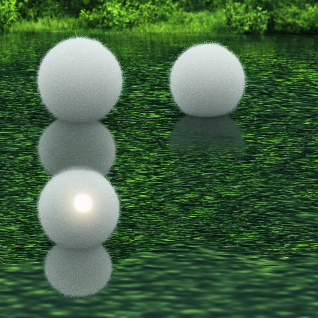 Image similar to a fuzzy orb floating on a pond, calm water, photorealistic, 4 k, detailed, reflection