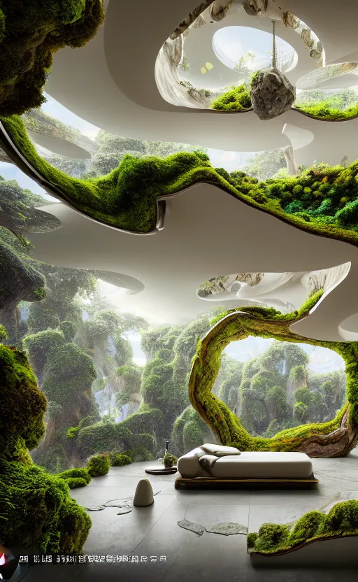 Image similar to highly detailed villa natural beautiful light interior soft cinematic composition of a smooth ceramic porcelain biomorphic magnolia stone nebula fluid sci - fi surreal colorful architecture landscape, furniture, granite, trees, marble, moss, lichen, fungi, vincent callebaut composition, mamou - mani, archviz, 8 k, unreal engine, hdr