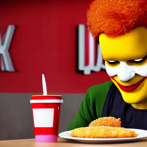 Image similar to A still of Ronald McDonald eating at KFC, 4k, photograph, ultra realistic, highly detailed, studio lighting