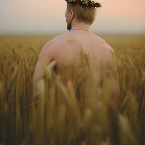 Prompt: kodak portra 4 0 0 photograph of a skinny blonde guy standing in a field of wheat, flower crown, back view, golden ratio, light leak, grain, moody lighting, telephoto, 9 0 s vibe, blurry background, vaporwave colors!, faded!,