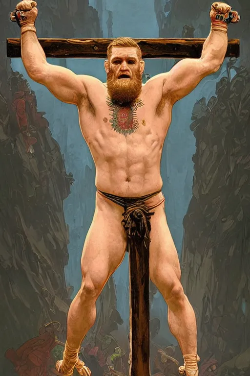 Image similar to crucified hulking herculean ogre conor mcgregor, masterpiece, intricate, elegant, highly detailed, digital painting, artstation, concept art, smooth, sharp focus, illustration, art by artgerm and greg rutkowski and alphonse mucha and uang guangjian and gil elvgren and sachin teng, symmetry!!