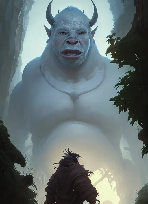 Image similar to highly detailed portrait of a big fat grey orc, unreal engine, fantasy art by greg rutkowski, loish, rhads, ferdinand knab, makoto shinkai and lois van baarle, ilya kuvshinov, rossdraws, tom bagshaw, alphonse mucha, global illumination, radiant light, detailed and intricate environment