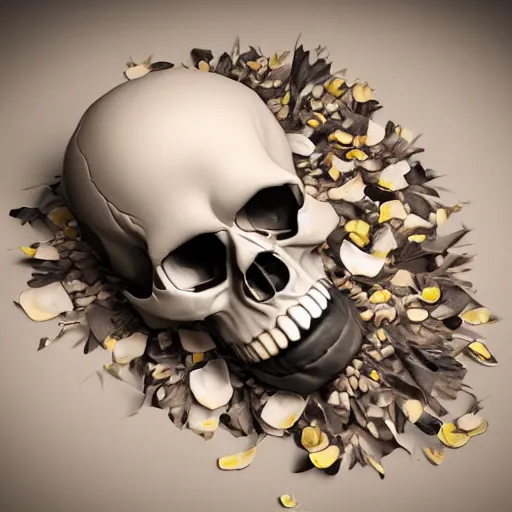 Image similar to obsidian skull surrounded by flower petals, octane render, trending on artstation