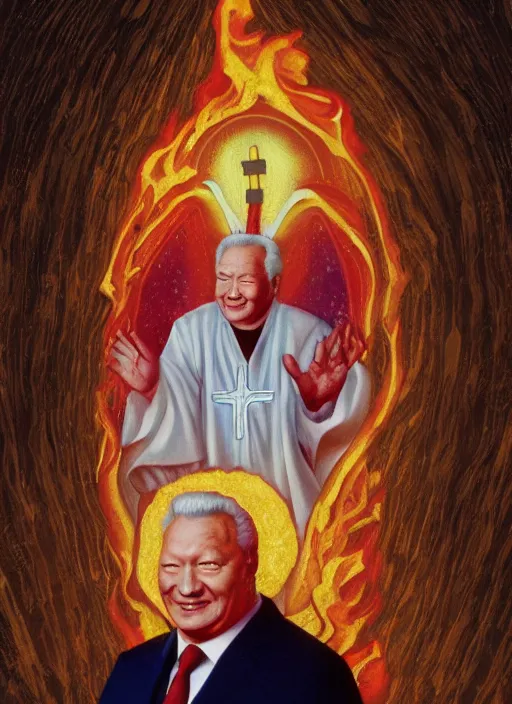 Image similar to president yeltsin in hell, infernal icon with a halo, color art in church style 8 k