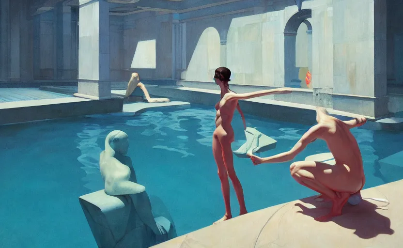 Prompt: Inside a big greek pool goddess, very coherent, painted by Edward Hopper, Wayne Barlowe, painted by James Gilleard, airbrush, art by JamesJean