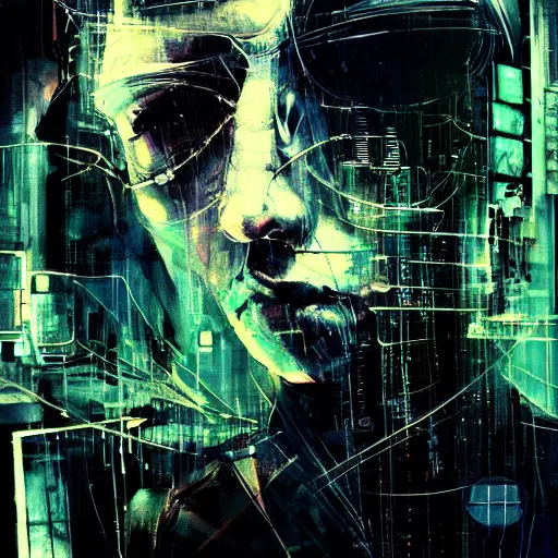 Image similar to cyberpunk lost in a glitchcore world of wires, and machines, by jeremy mann, francis bacon and agnes cecile, and dave mckean ink drips, paint smears, digital glitches glitchart