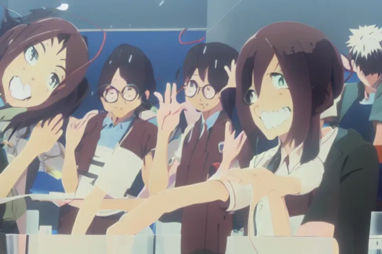 Image similar to anime still of reckless!!! whimsical! trippy laughing! scientists in a lab inventing, presentation, scattered tables overloaded with doomsday devices and beakers and test tubes, by makoto shinkai yoshinari yoh ilya kuvshinov