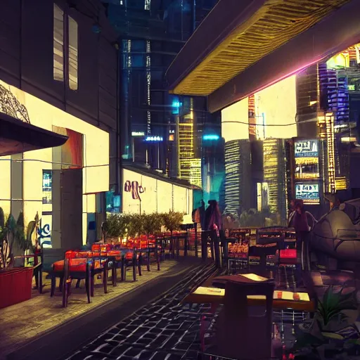 Prompt: Cyberpunk Cafe Terrace at night