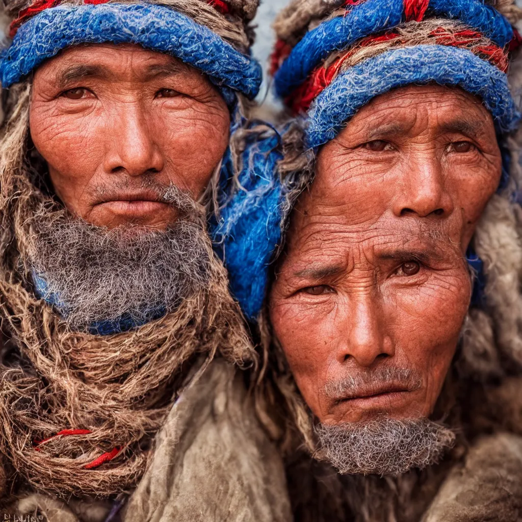 Image similar to close up portrait of a sherpa, photograph, blue and red studio light, sharp, detailed face, gaze, editorial model, photo, annie leibovitz, steve mccurry, david lazar, 1 0 5 mm, f 2. 8, in an oasis, 8 k, detailed