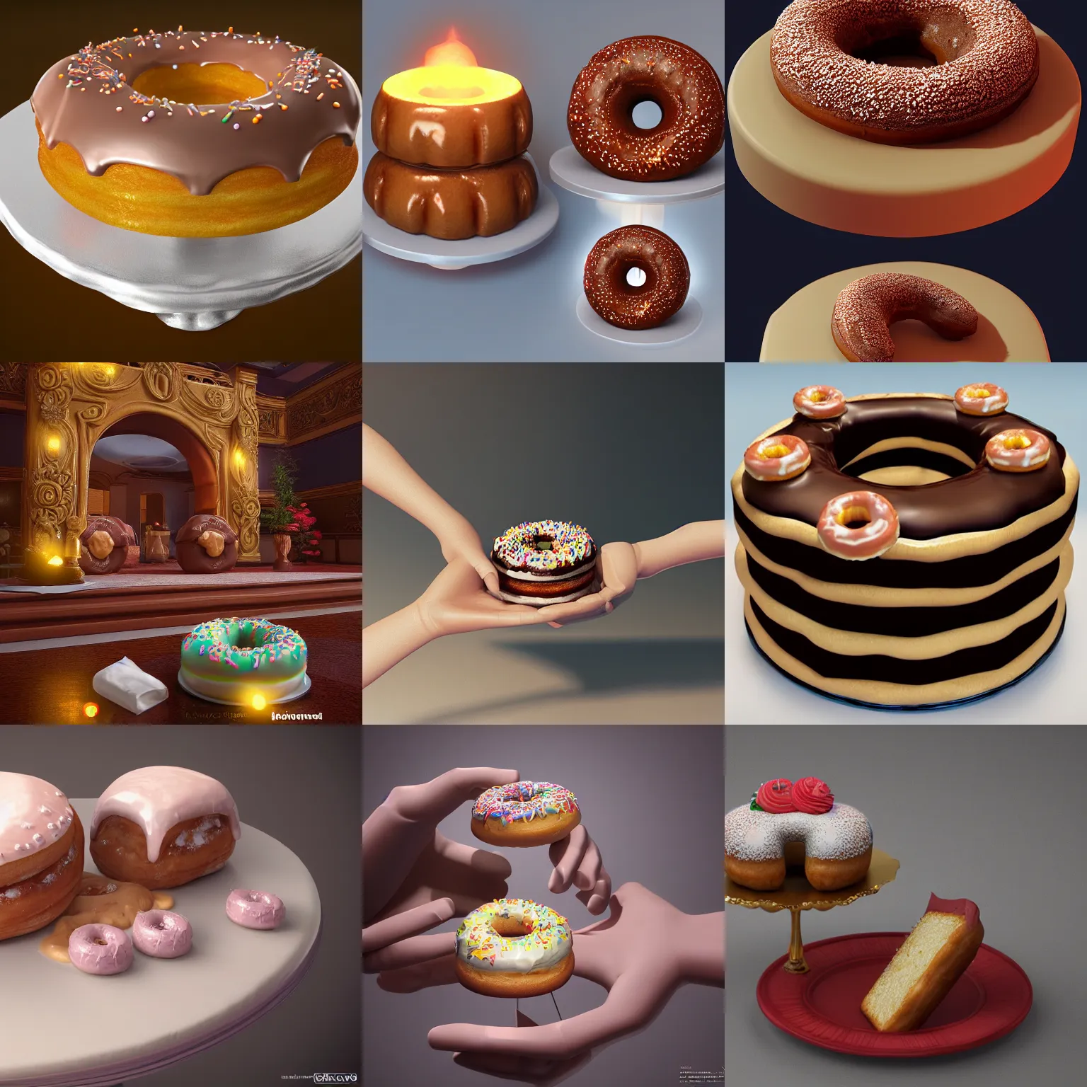 Prompt: an elegant hand reaches for a piece of donut cake, ornate, detailed, volumetric lighting, unreal engine, artstation, realistic