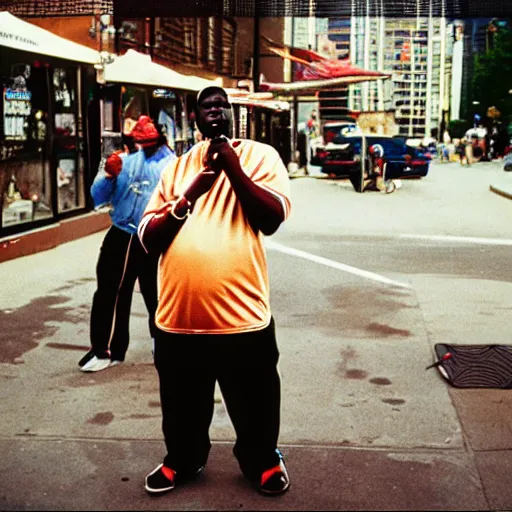 Prompt: the notorious big in brooklin, street concert, 1 9 9 4, kodachrome photograph, 5 0 mm lens
