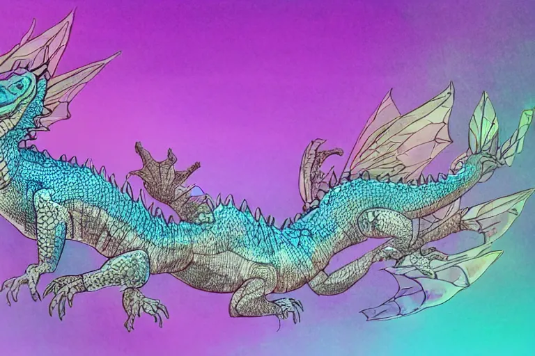 Image similar to full body digital illustration of a giant girdled lizard, pastel color scheme, !dream full body digital illustration of a baby dragon with iridescent wings, pastel color scheme, Smaug giganteus, concept art, matte background, deviantArt, artstation, artstation HQ, HD, 4k resolution