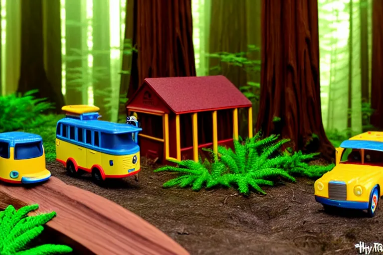 Image similar to fisher price redwood forest, california scene from tv show hyper detailed 5 5 mm 8 5 mm, toy photography, made out of plastic