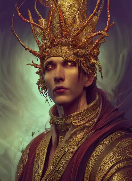 Image similar to slender high priest in a ornate robe, strange headpiece, subsurface scattering, by artgerm, karol bak, tomasz alen kopera, cgsociety and fenghua zhong, highly detailed, rim light, cinematic lighting, illustration, art, octane render, very coherent, cinematic, hyper realism, high detail, octane render, 8 k