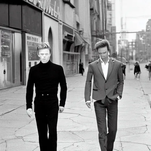 Image similar to David bowie and Michael c hall standing in the streets, nightlife, cityscape, surrealist