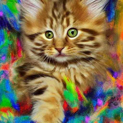 Prompt: a cream - colored maine coon kitten, digital art, by david schluss, colorful, gestural painting, abstract expressionists, jackson pollock, willem de kooning. energy influenced by both nature and music