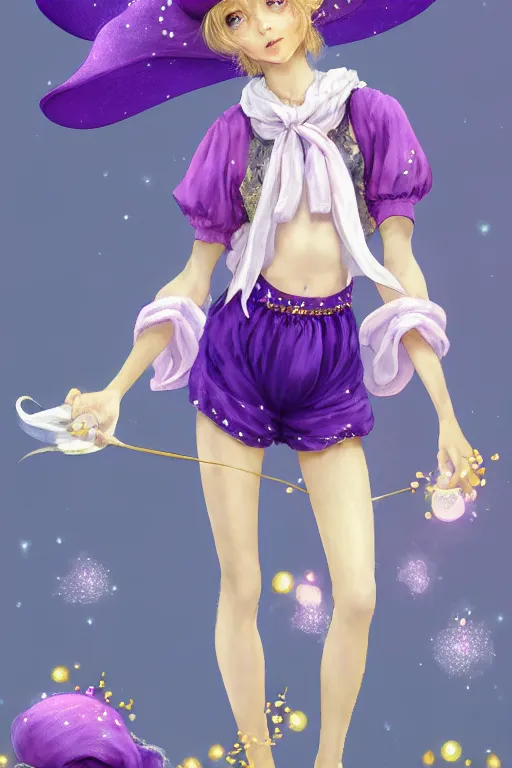 Image similar to Full View fairy maiden with short blond hair wearing an oversized purple Beret, Baggy Purple overall shorts, Short Puffy pants made of silk, silk shoes, a big billowy scarf, Golden Ribbon, and white leggings Covered in stars. covered in embroidery. Short Hair. peasant magic. masterpiece 4k digital illustration by Ruan Jia and Mandy Jurgens and Artgerm and william-adolphe bouguereau, award winning, Artstation, art nouveau aesthetic, Alphonse Mucha background, intricate details, realistic, panoramic view, Hyperdetailed, 8k resolution, intricate art nouveau