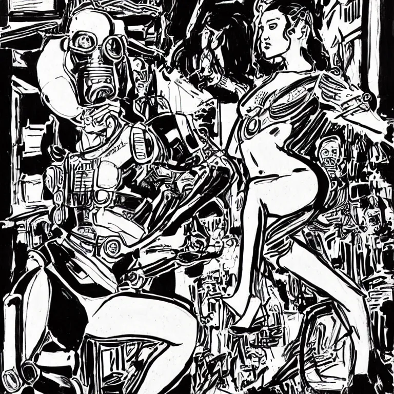 Prompt: Beautiful realistic self portrait by Zinaida Serebriakova as a Cyborg defeating storm trooper robots in a Dive Bar in 2057 Hong Kong , high contrast intricate fine line ink drawing comic illustration by Charles Burns shocking detail hyperrealistic 8k