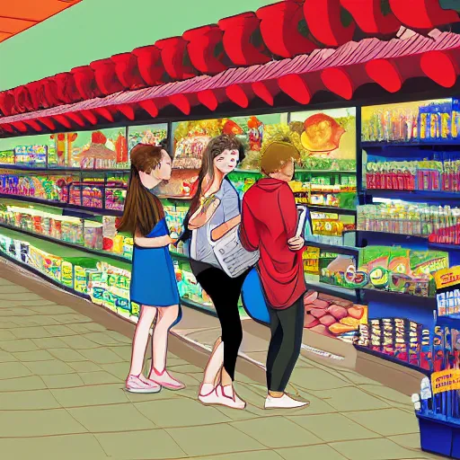 Image similar to teens visiting groceries store artwork by ztoon zt 0 0 n