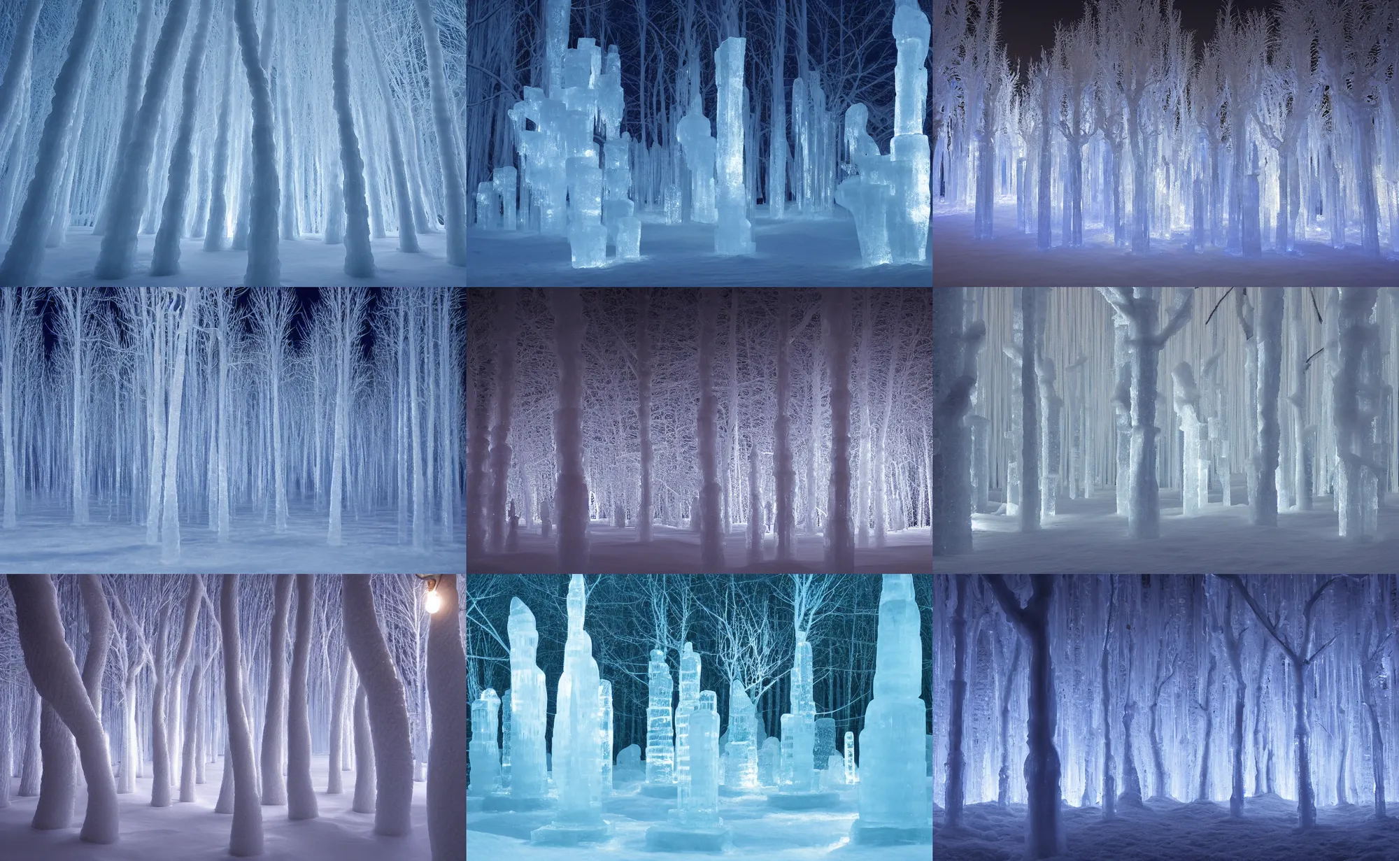 Prompt: ice sculpture tree forest at night, cold ambient light, artwork by gerald brom, 4 k, masterpiece,