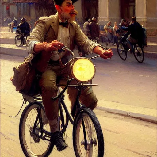 Image similar to uber eats delivery driver on a bicycle, very defined and highly detailed painting by gaston bussiere, j. c. leyendecker, craig mullins 8 k