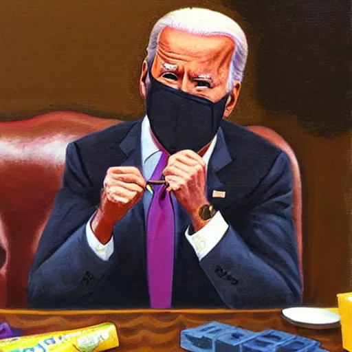 Image similar to joe biden eating a box of crayons, hyperrealism