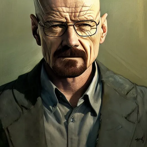 Image similar to walter white, fantasy character portrait, dynamic pose, above view, sunny day, very coherent asymmetrical artwork, sharp edges, perfect face, simple form, 100mm by Stanley Artgerm Lau, greg rutkowski, thomas kindkade, alphonse mucha, loish